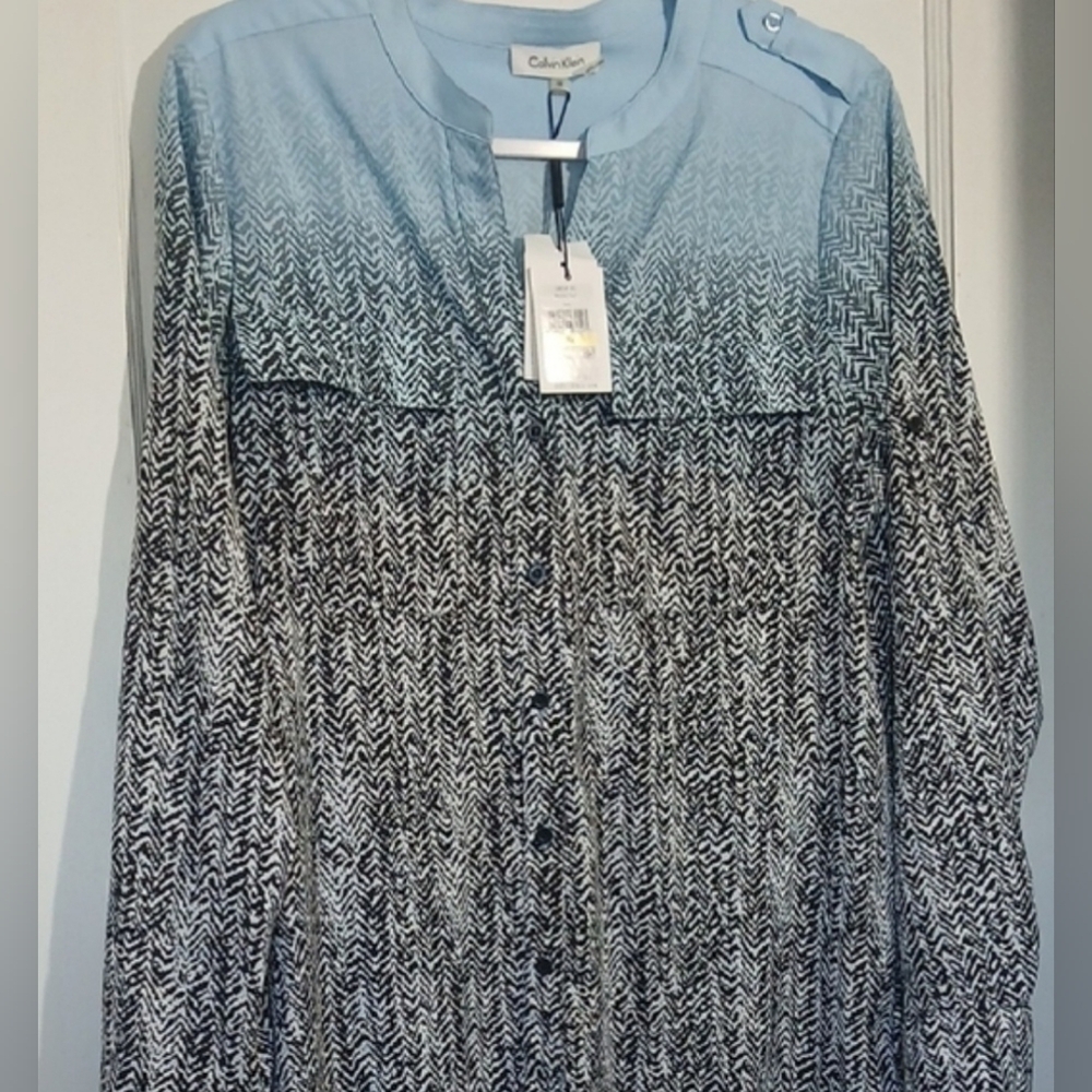 Calvin Klein Light Blue and Black Herringbone Shirt NWT